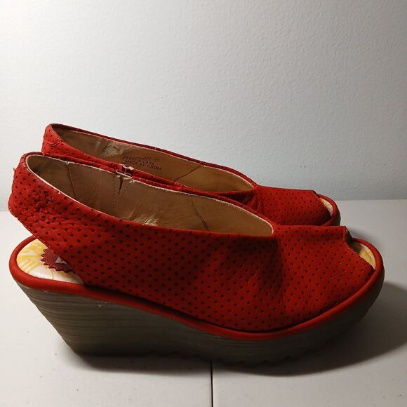 Fly London Women's Red Perforated Suede Leather Wedge Heels Sling Backs Size 37 - Picture 6 of 10